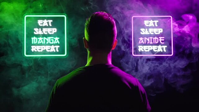 Male person look between two futuristic neon signs Eat Sleep Manga Repeat 4K