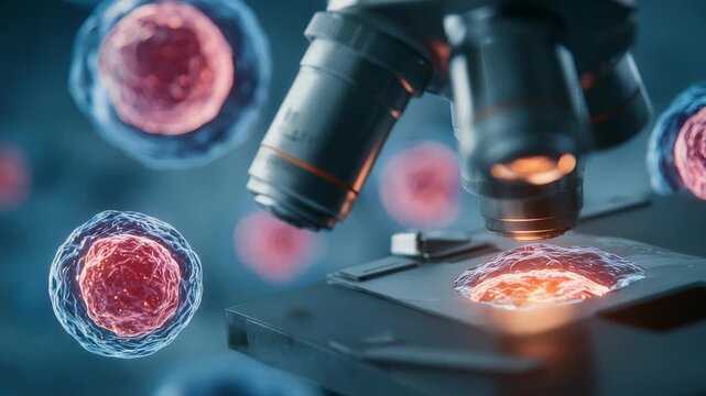 Close up microscope analyzing living cells, highlighting intricate cellular structures, vibrant nuclei. Scene represents modern biotechnology, laboratory research, scientific innovation