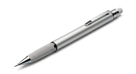 Elegant silver mechanical pencil on white background highlighting sleek modern design details