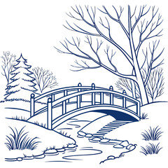 Illustration of a wooden bridge over a snow-covered stream with bare trees, spruce, and falling snow in a winter forest.