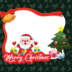 Cute Santa Claus Christmas Photo Frame: A cheerful vector frame template featuring a cartoon Santa Claus, Christmas tree, gift boxes, and jingle bells on a deep green, patterned background. Perfect fo