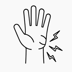 Obraz premium A minimalist black and white line art illustration depicts a human hand experiencing sharp, radiating pain in the wrist area, symbolizing injury or discomfort.