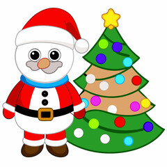 Fototapeta premium Snowman and Santa together in front of a Christmas tree covered in snow and colorful lights on white background