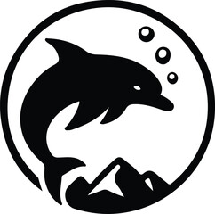 Silhouette dolphin jumping over mountain with bubbles Vector illustration