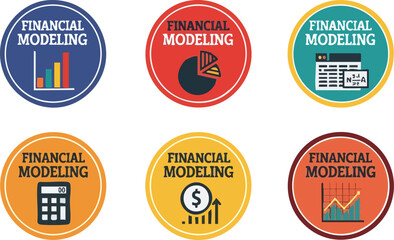 Obraz premium A collection of colorful circular icons represent financial modeling concepts, including charts, graphs, calculators, and dollar signs, suitable for business presentations and financial reports.