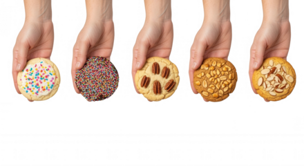 Hands holding assorted decorated cookies isolated on a transparent background