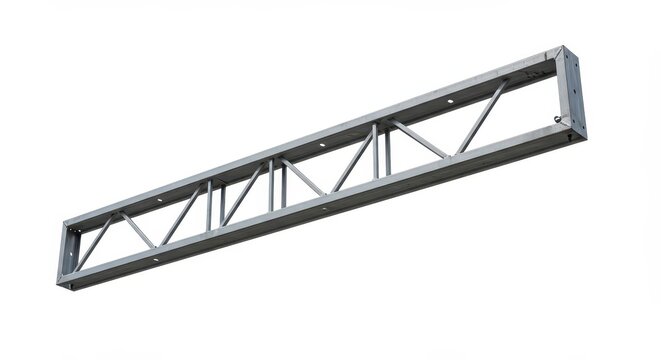 Galvanized steel overhead support structure features a repeating triangular truss design against a white background