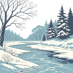 A frozen, winding river covered in snow with a dark sky and snow-covered fir trees on the banks in a winter forest, a linear illustration of a winter landscape.