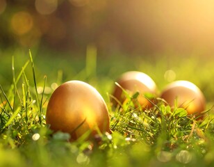 Golden Eggs Nestled in Lush Green Grass Under Warm Sunlight.