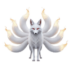 Obraz premium Majestic nine-tailed white fox with fiery tails and red eyes