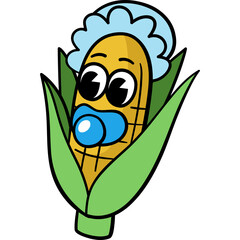 Cute cartoon baby corn character with big eyes and a blue pacifier on a transparent background