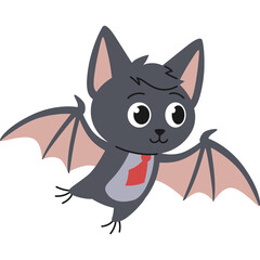 Cute Cartoon Bat Wearing a Red Tie and Grey Vest Flying Against a Transparent Background With Large Expressive Eyes and Pink Wings, Character Design for Halloween