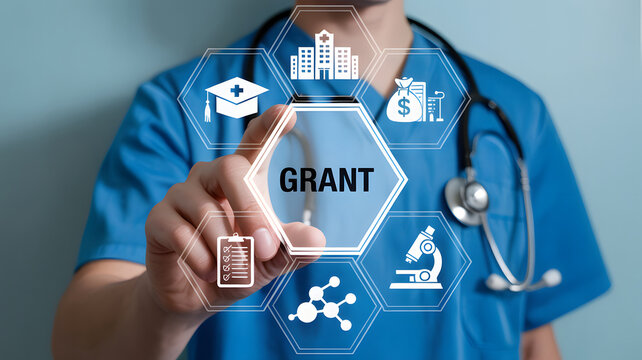 Doctor's hand selecting grant funding for medical research, education, and hospital development with financial support icons