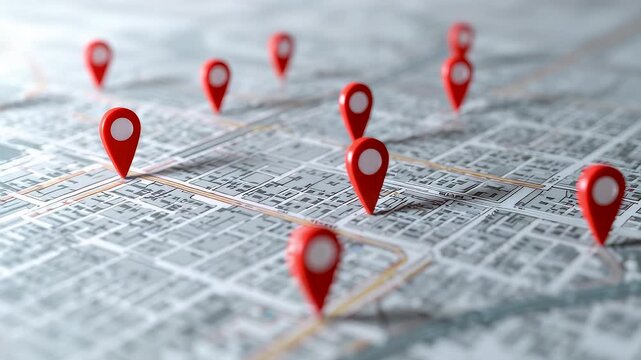 Red map pins marking multiple locations on detailed city street grid