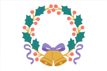Traditional Christmas wreath featuring holly leaves, bright red berries, golden jingle bells, and a decorative ribbon