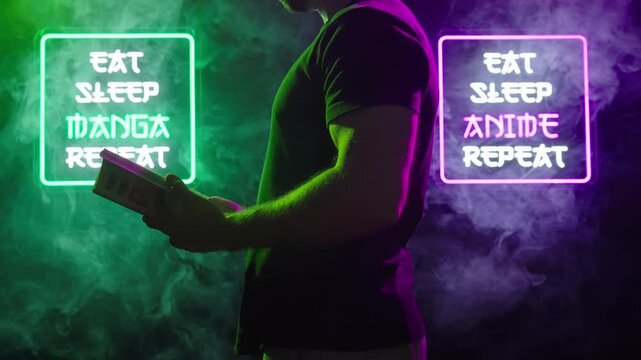 Person reading manga between two futuristic neon signs Eat Sleep Manga Repeat 4K