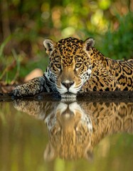 Obraz premium Jaguars Reflection - A Moment of Serenity in the Wild.