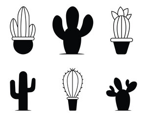 Collation of cactus plant silhouettes and line icon. Set of black cactus shape icon vector. Containing as desert design, botanical icon, succulent shapes, wild west nature design,  and more. Vector