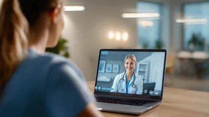 A nurse or patient communicates with a female doctor through an online video conference on a laptop in a bright office. Telehealth platforms support safe and efficient remote medical consultations - Powered by Adobe