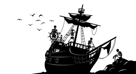 Gothic Shipwreck Silhouette Art – Birds in Flight