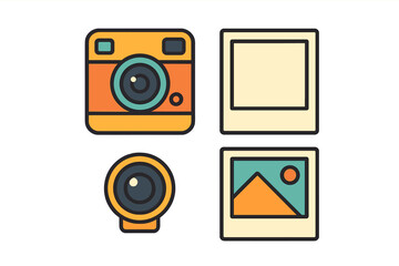 Retro style graphic elements featuring an instant camera, a lens, and two picture frames
