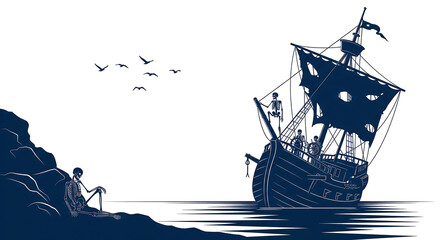 Abstract dark Ghost Ship Silhouette Art – Birds and Skeleton Crew