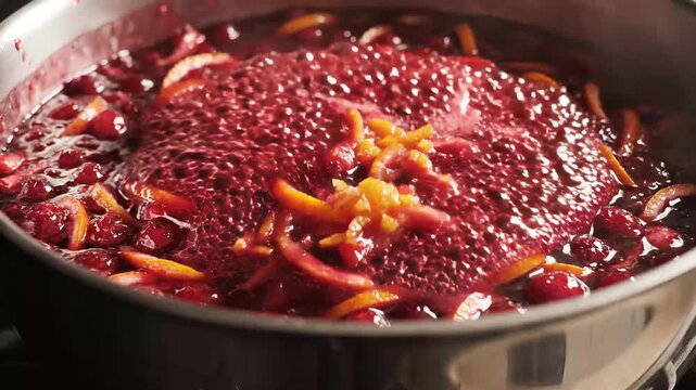 Cranberry sauce simmering in stainless steel saucepan, whole berries and orange zest bubbling on stovetop for holiday condiment, homemade Thanksgiving and Christmas recipe