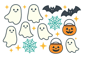 Spooky Halloween characters collection with friendly ghosts, flying bats, and candy buckets