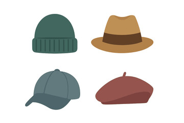 Four stylish hats collection: beanie, fedora, baseball cap, and beret