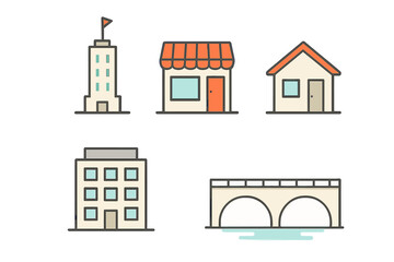 Fototapeta premium Simple town buildings set featuring skyscraper, shop, house, apartment, and bridge