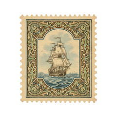 Obraz premium Antique ornate postage stamp with sailing ship illustration