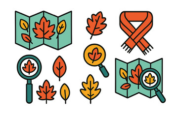 Colorful autumn leaves, warm knitted scarf, and magnifying glass symbols representing fall season