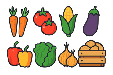 Set of fresh garden vegetables and healthy produce icons displayed on a white background