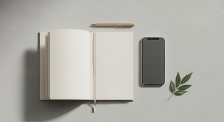 Open notebook mockup with blank pages smartphone and pencil flat lay design for creative projects and presentations