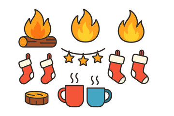 Cozy winter holiday elements featuring campfire, logs, steaming mugs, and Christmas stockings
