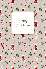 Merry Christmas - Schriftzug in englischer Sprache - Frohe Weihnachten. Grußkarte mit Weihnachtsstrümpfen, Zuckerstangen, Zweigen und roten Beeren.