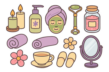 Set of self-care and relaxation objects for home spa day including beauty accessories