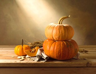 Autumnal Still Life - Pumpkins and Harvest Bounty on Wooden Table.