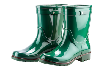 Pair of shiny green rubber wellington boots for gardening and outdoor activities isolated on transparent background