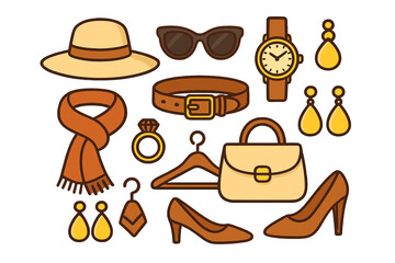 Stylish collection of women's fashion accessories including hat sunglasses watch scarf belt jewelry and shoes