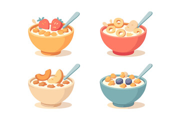 Four different breakfast cereal bowls topped with fresh fruit and served with milk