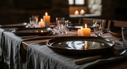 Elegant table setting with candles featuring ceramic plates and glassware perfect for a romantic dinner or special occasion