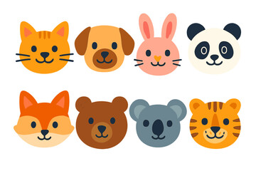 Collection of cute cartoon animal faces including cat dog rabbit panda fox bear koala and tiger