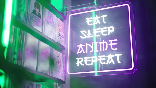 Futuristic neon sign beside manga comics shelf Eat Sleep Anime Repeat 4K