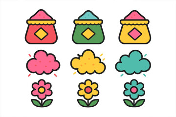 Brightly colored icons representing Holi festival elements including powder bags, color clouds, and stylized flowers