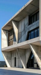Fototapeta premium A modern concrete building with unusual geometric shapes and large windows. For articles on architecture, design, and modern building materials.