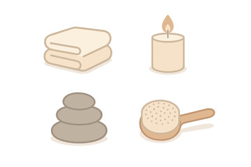 Stacked stones, folded towel, burning candle, and body brush for spa and wellness concepts