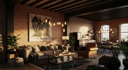 Cozy living room interior with exposed brick walls comfortable sofa and warm lighting perfect for relaxation and home decor inspiration
