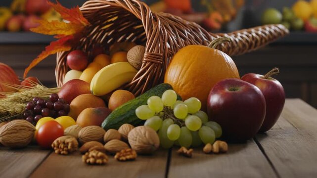 Ultra HD close up of cornucopia basket spilling fresh fruits nuts and vegetables on wooden table with autumn colors soft shadows and harvest symbolism perfect for Thanksgiving design backgrounds and f