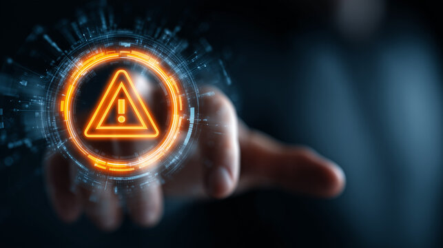A glowing futuristic alert symbol hovers above a hand, representing risk, cyber security threat, warning notification and digital safety - Powered by Adobe